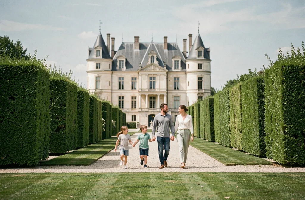 Une famille se promenant dans les jardins à la française du Château de Breteuil dans la vallée de Chevreuse