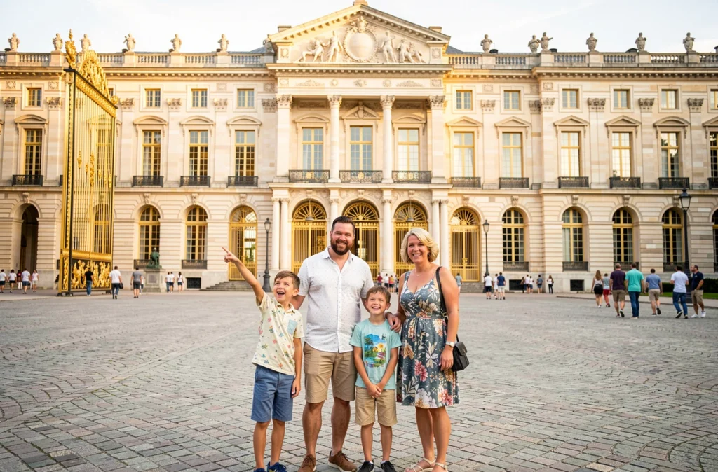Une famille devant les grilles dorées du Château de Versailles avec la façade baroque en arrière-plan