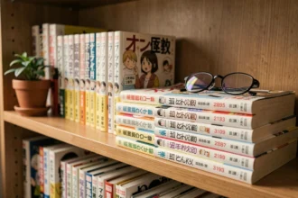 Collection de volumes manga rangés sur une étagère en bois avec des titres japonais visibles sur les tranches