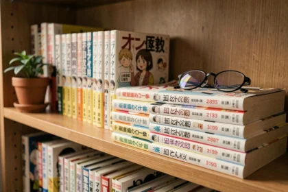 Collection de volumes manga rangés sur une étagère en bois avec des titres japonais visibles sur les tranches