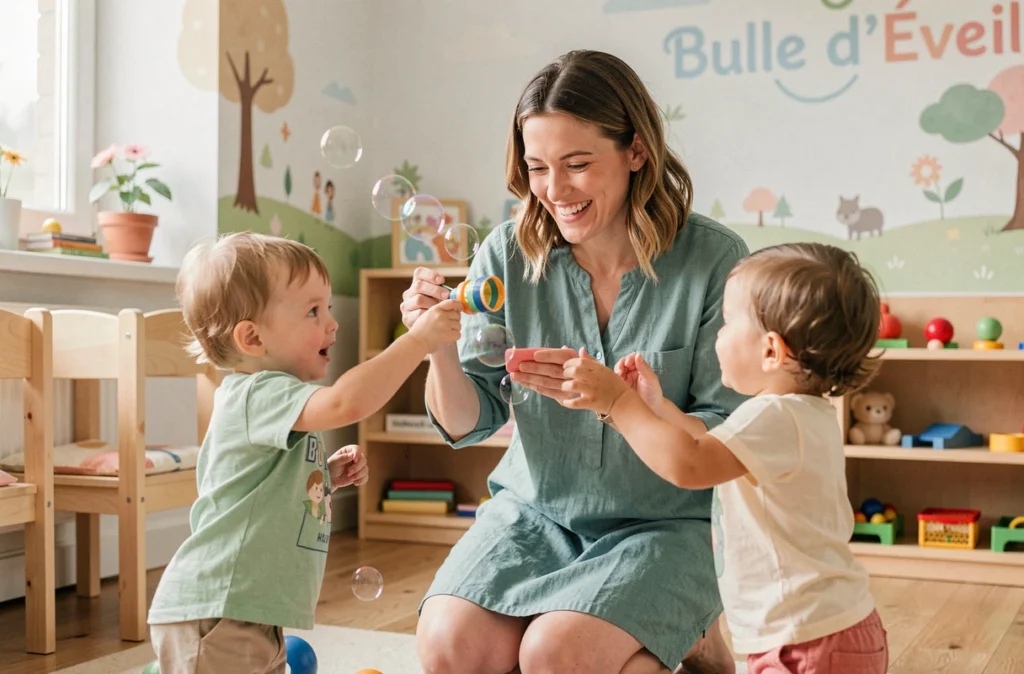 Éducatrice de la crèche Bulle d'Éveil à Nancy soufflant des bulles avec deux tout-petits dans une salle de jeux lumineuse