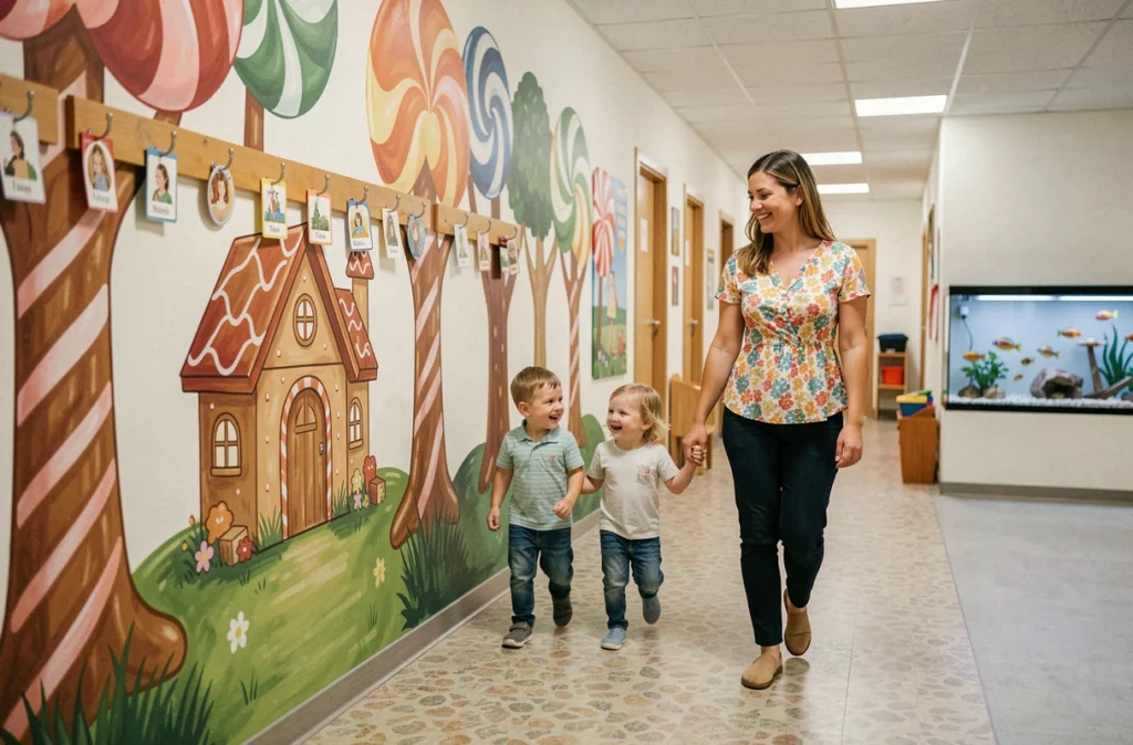 Couloir décoré sur le thème de Hansel et Gretel à la crèche municipale de Laxou, avec une éducatrice et deux enfants marchant main dans la main