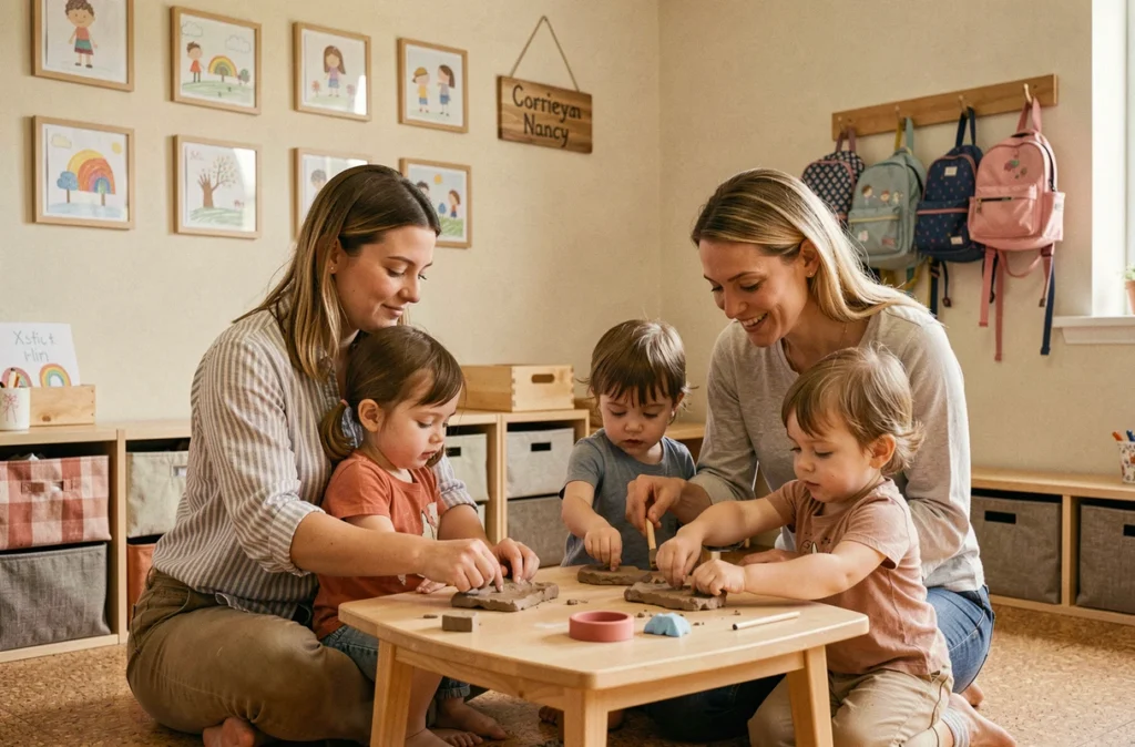Activité modelage à la crèche parentale Câlins et Trottinettes de Nancy, avec une maman et une professionnelle accompagnant des tout-petits
