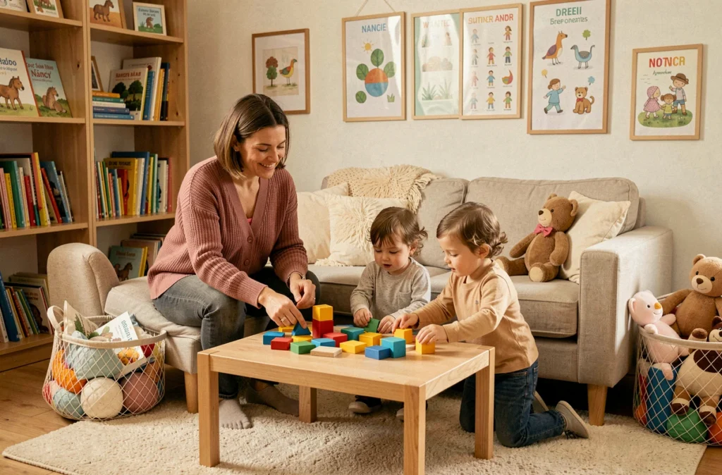 Assistante maternelle des Crèches Familiales de Nancy animant un jeu de tri avec trois enfants dans un espace d'accueil chaleureux à domicile