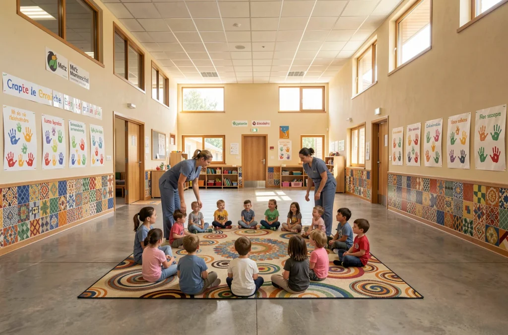 Séance de regroupement matinal dans une crèche municipale de Metz, avec quatre professionnelles en uniforme bleu et un groupe de tout-petits sur un tapis central
