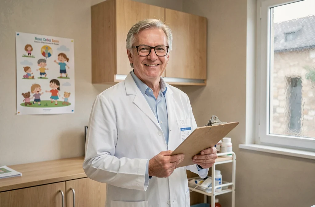 Pédiatre masculin aux cheveux gris avec lunettes tenant un clipboard dans son cabinet médical régional