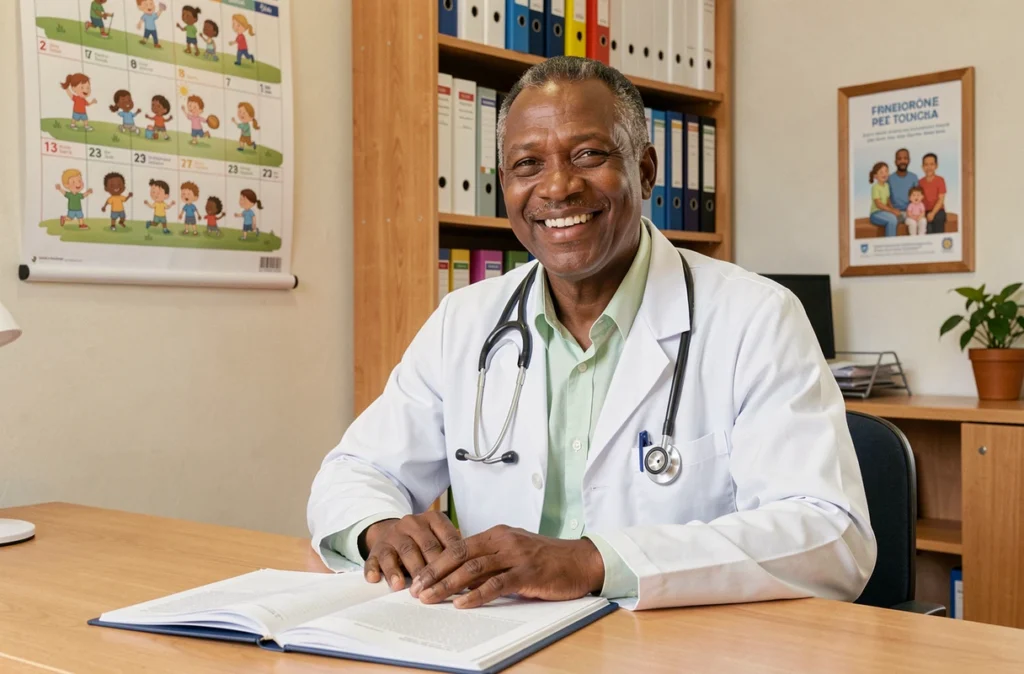 Pédiatre africain souriant avec stéthoscope assis à son bureau dans un cabinet médical de Centre-Val de Loire