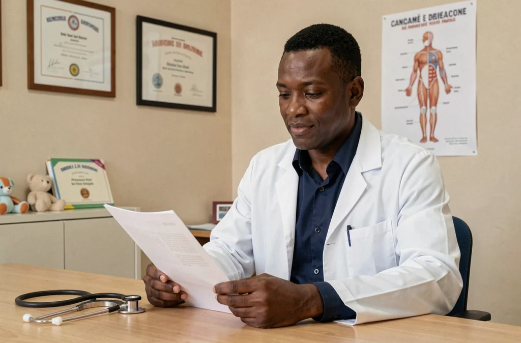 Médecin pédiatre d'origine africaine en blouse blanche assis à son bureau dans un cabinet médical en Centre-Val de Loire
