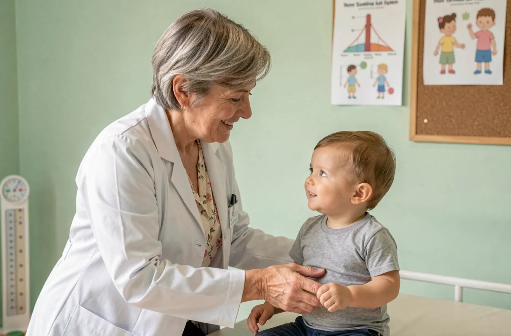 Femme médecin pédiatre d'âge mûr examinant un jeune enfant dans son cabinet en Centre-Val de Loire