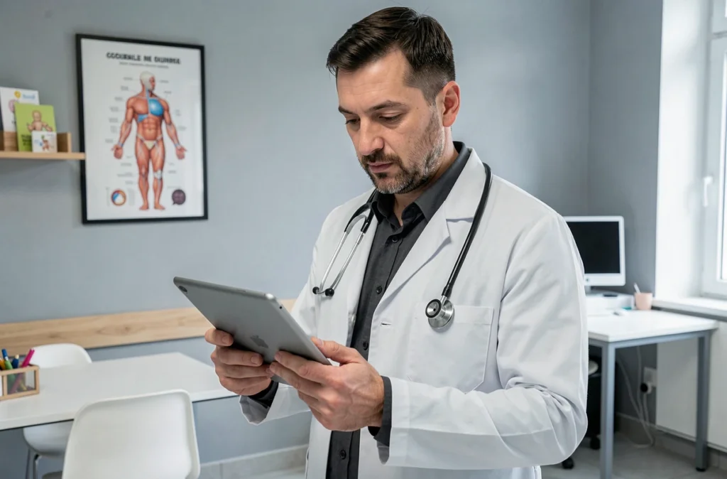 Pédiatre masculin d'Europe de l'Est consultant une tablette dans un cabinet médical moderne de la région