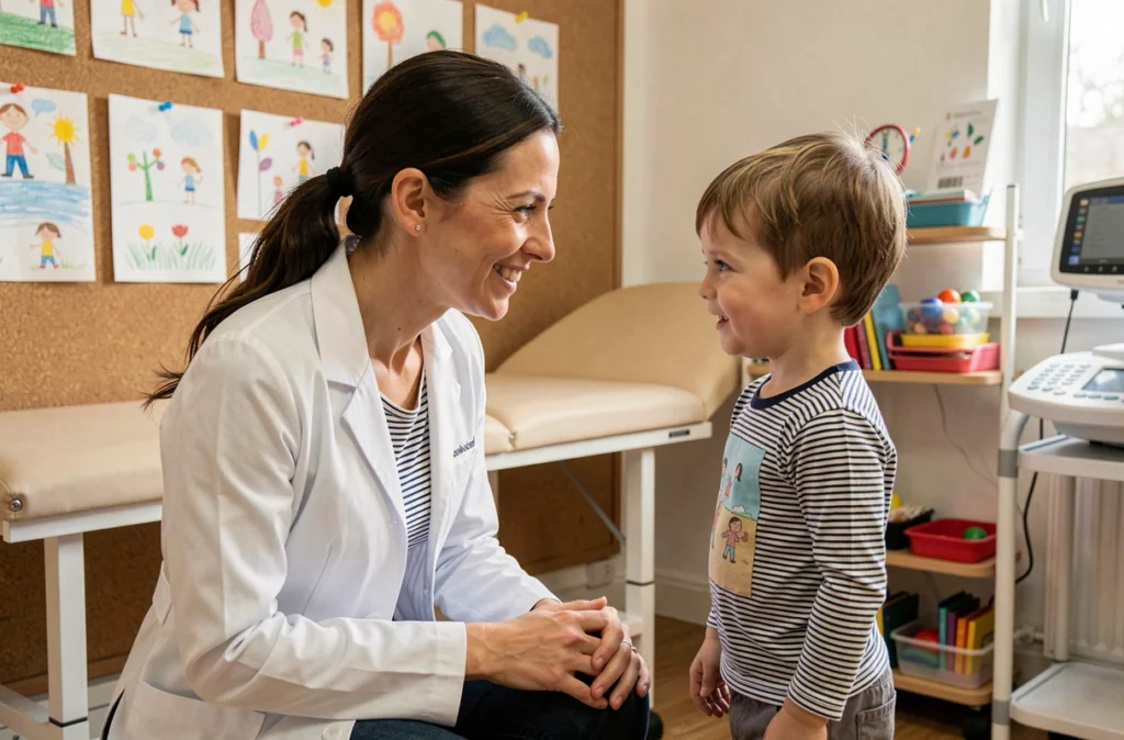 Jeune femme pédiatre s'agenouillant pour parler à la hauteur d'un enfant dans son cabinet médical
