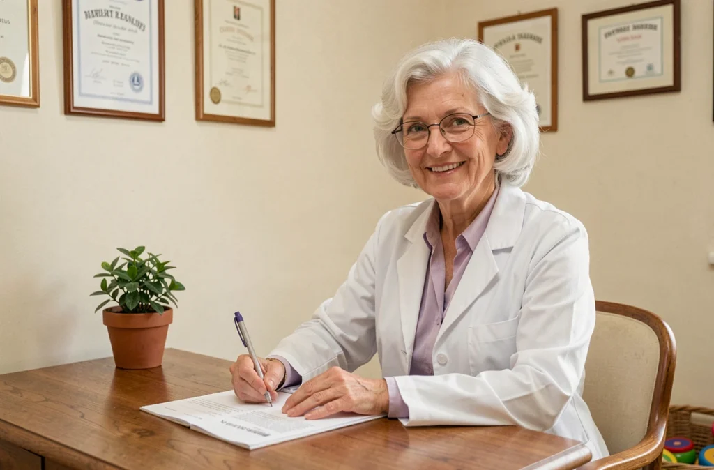 Femme pédiatre senior aux cheveux blancs avec lunettes écrivant des notes dans son cabinet médical