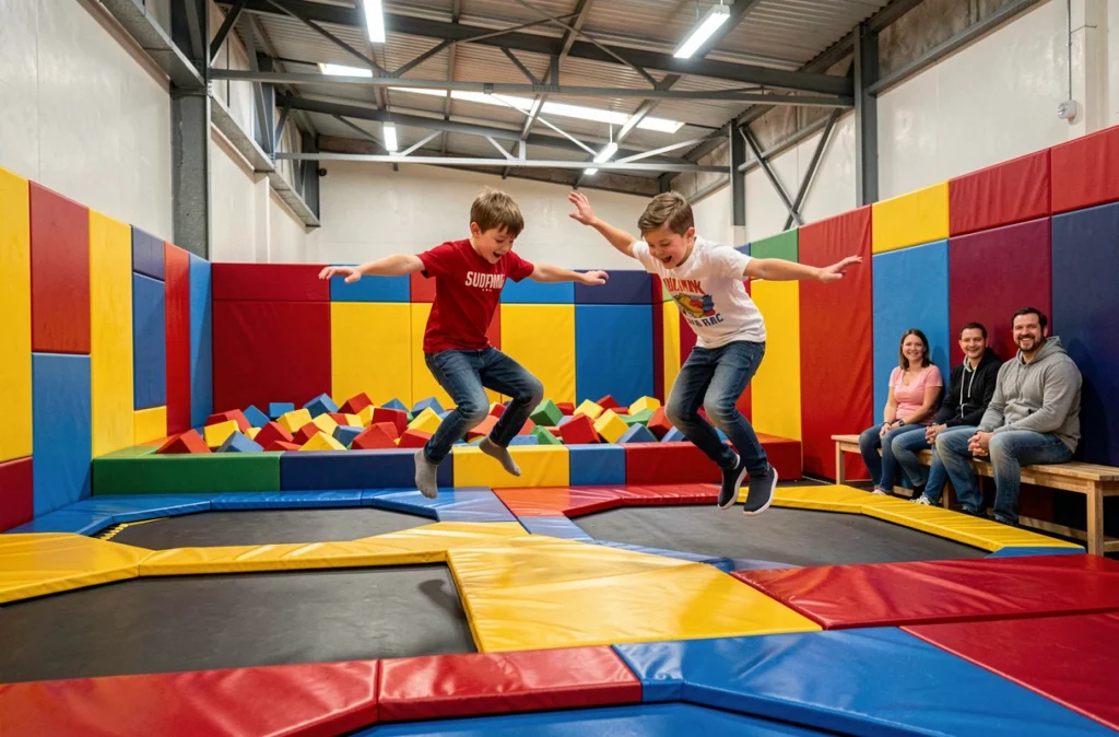Des enfants sautant sur des trampolines colorés au Dynamik Parc, un espace de loisirs indoor dans les Yvelines