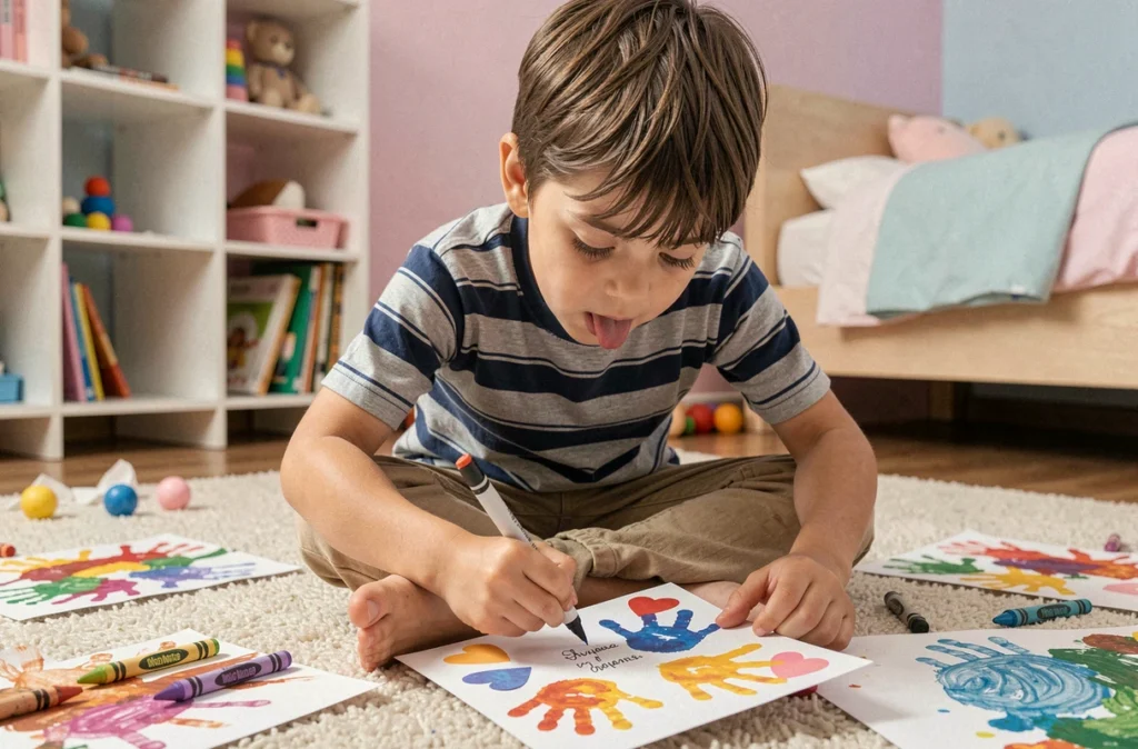 Jeune garçon écrivant un mot doux sur une carte faite main pour la fête des mères avec empreintes de mains peintes