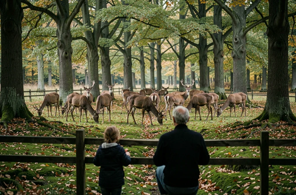 Un père et ses enfants observant des cerfs en liberté à l'Espace Rambouillet dans la forêt des Yvelines