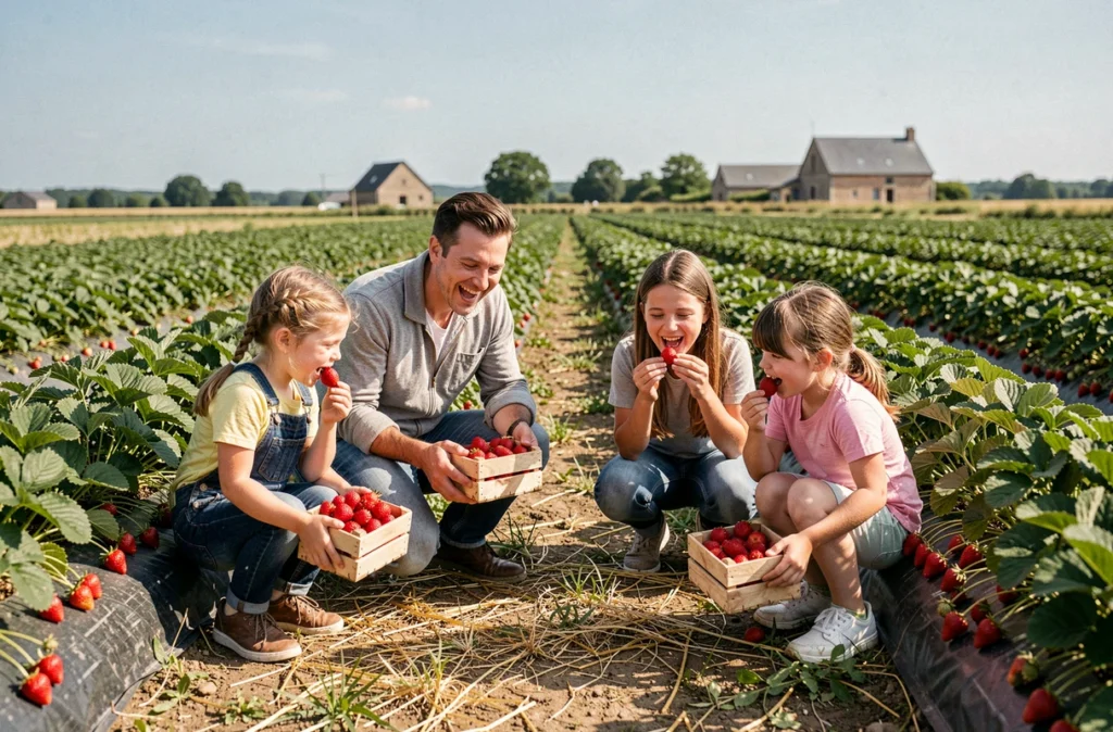 Une famille cueillant des fraises dans les champs de la Ferme de Gally à Saint-Cyr-l'École dans les Yvelines