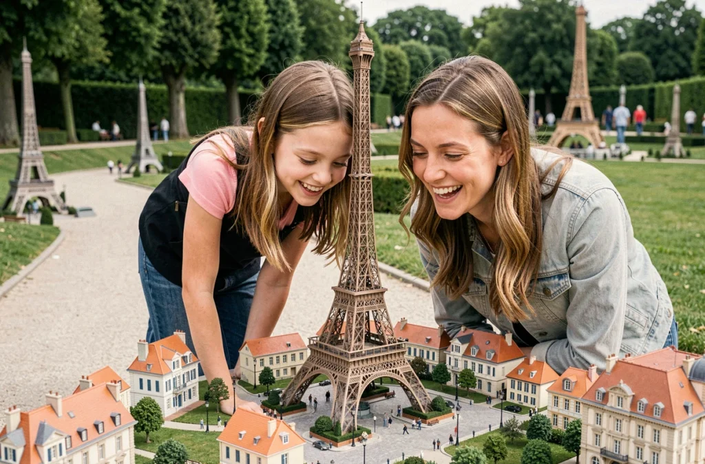 Une famille découvrant les répliques miniatures de monuments français au parc France Miniature à Élancourt dans les Yvelines