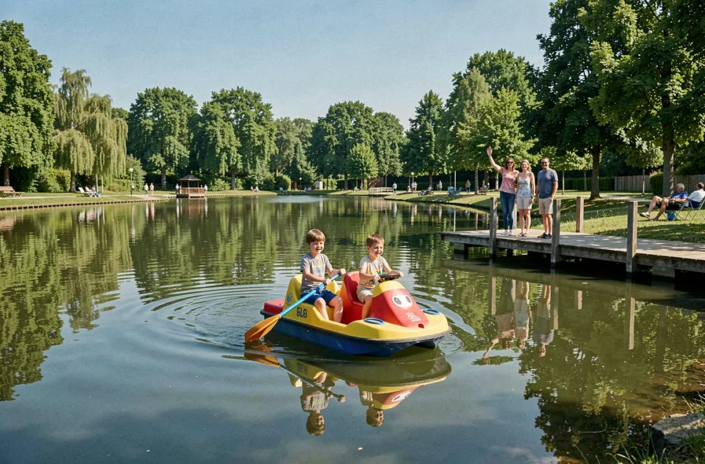 Des enfants en pédalo sur le lac de l'Île de Loisirs de Saint-Quentin-en-Yvelines par une journée ensoleillée