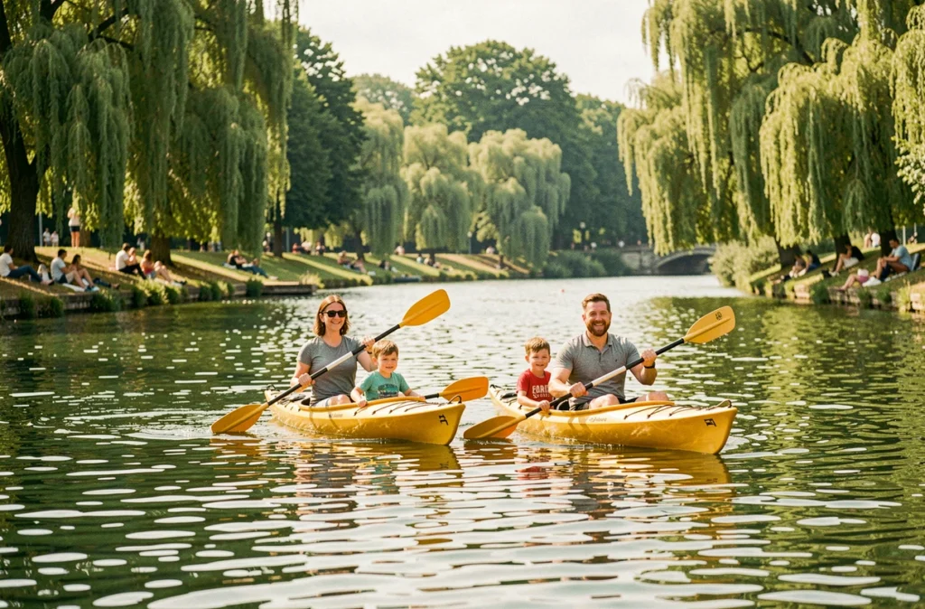 Une famille faisant du kayak sur la Seine à l'Île de Loisirs du Val de Seine lors d'une journée estivale
