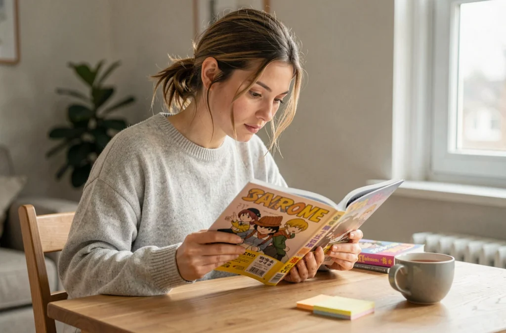 Jeune femme lisant un manga à son bureau avec une tasse de thé dans un appartement cozy