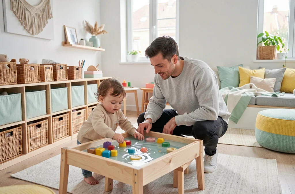 Éducateur du réseau Léa et Léo dans le Grand Est accompagnant un tout-petit à une table sensorielle dans une salle au design scandinave épuré