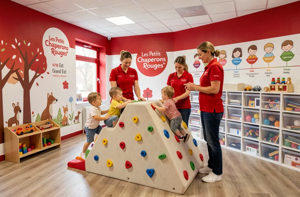 Salle de jeux d'une crèche Les Petits Chaperons Rouges dans le Grand Est avec deux éducatrices en polo rouge supervisant des enfants sur une structure de motricité