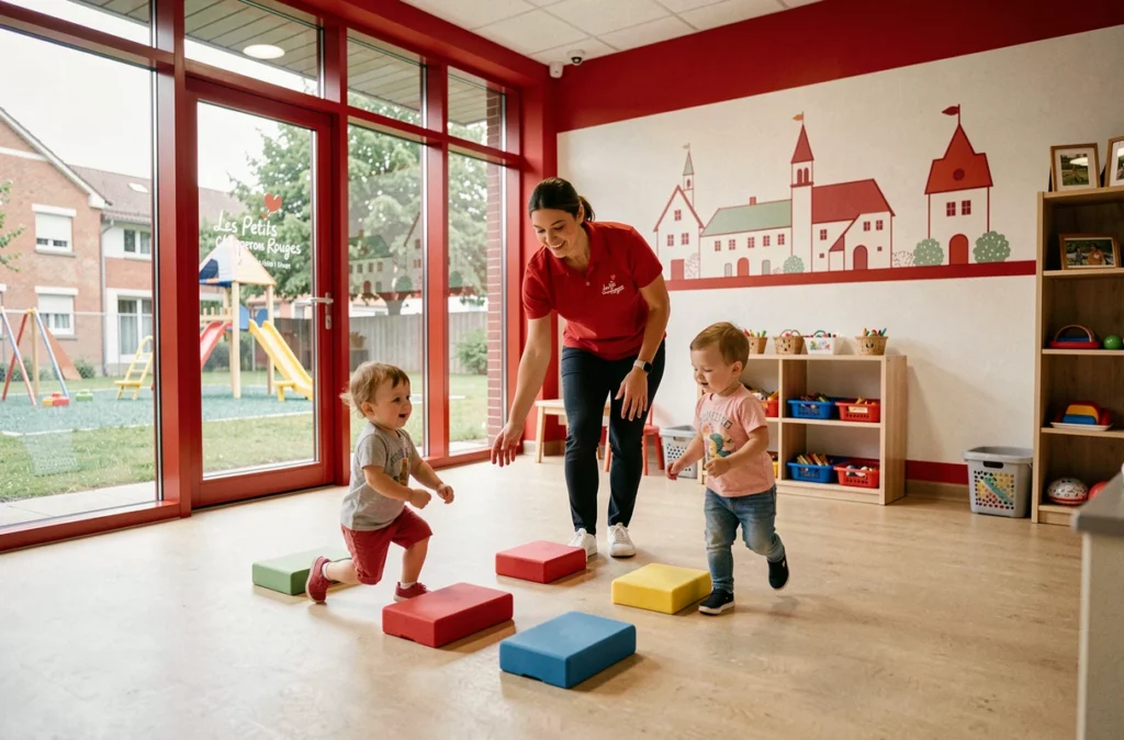 Éducatrice des Petits Chaperons Rouges à Strasbourg guidant deux enfants sur un parcours de motricité dans une structure moderne avec vue sur l'espace extérieur