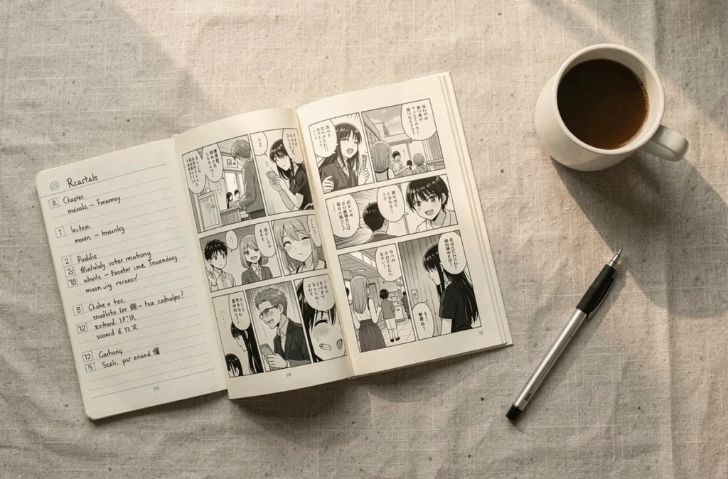 Mise à plat d'un manga ouvert avec un carnet de suivi de lecture et une tasse de café sur tissu lin