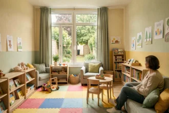 Vue d'ensemble d'une crèche moderne et accueillante dans le Grand Est, avec salle de jeux colorée et équipements adaptés aux jeunes enfants