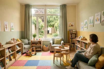 Vue d'ensemble d'une crèche moderne et accueillante dans le Grand Est, avec salle de jeux colorée et équipements adaptés aux jeunes enfants