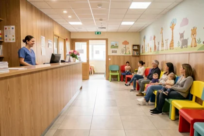 Salle d'attente d'un cabinet pédiatrique moderne en Centre-Val de Loire avec familles et personnel soignant