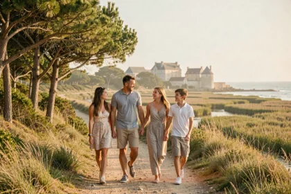 Une famille souriante se promenant sur un chemin côtier en Charente-Maritime lors d'une sortie estivale