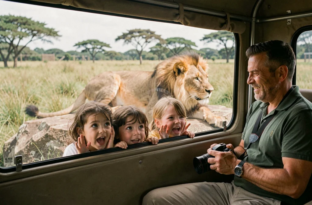 Une famille observe un lion depuis leur véhicule lors du safari en voiture au Wow Safari de Thoiry dans les Yvelines