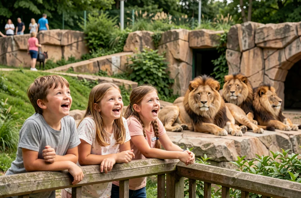 Une famille admirant des lions dans leur enclos naturel au Zoo de la Palmyre en Charente-Maritime