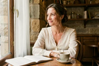Actrice française dans un café parisien consultant un script, illustrant la réflexion sur les rôles liés au couple au cinéma
