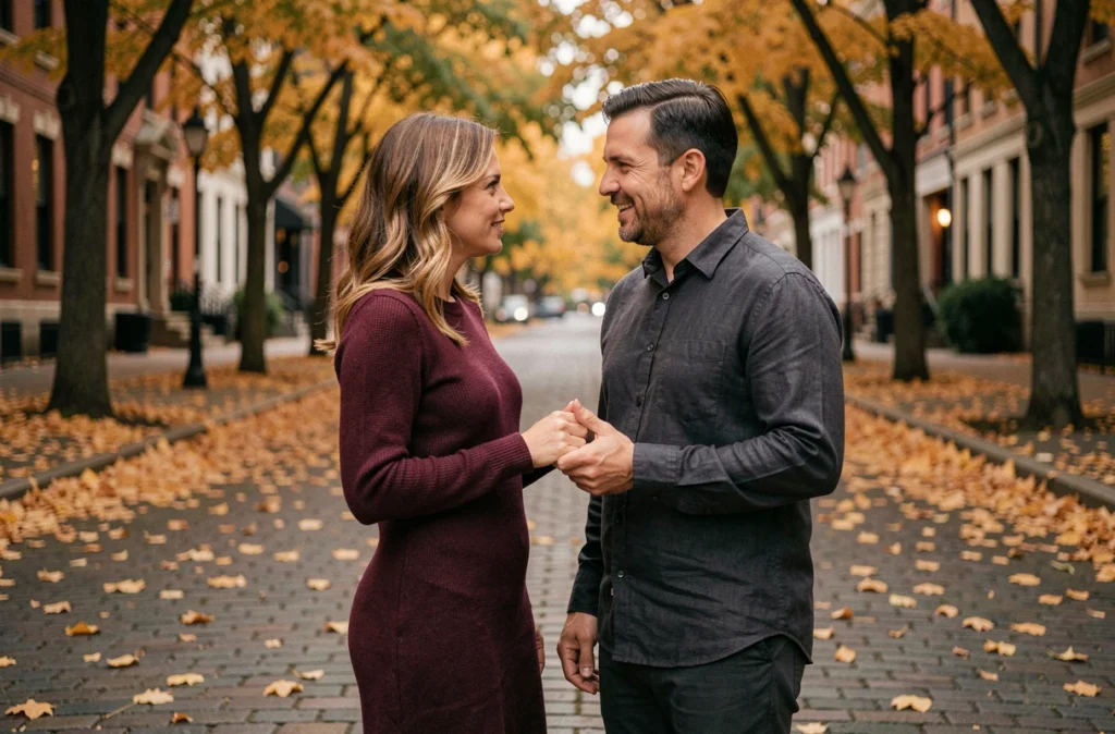 Couple en discussion complice sur un boulevard parisien en automne, évoquant la vision romantique et les relations au sein des rôles d'acteur