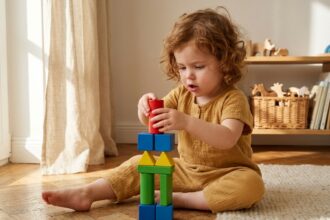 Petite fille de 2 ans en train d'empiler des cubes en bois colorés sur un parquet en chêne dans un salon scandinave