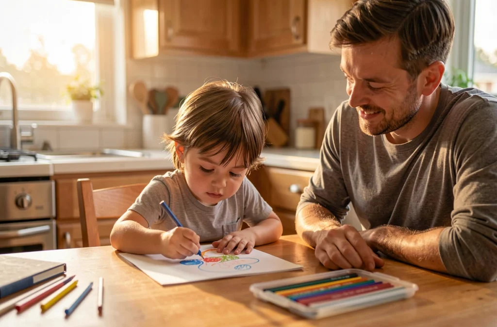 Enfant dessinant à une table de cuisine avec un parent à ses côtés