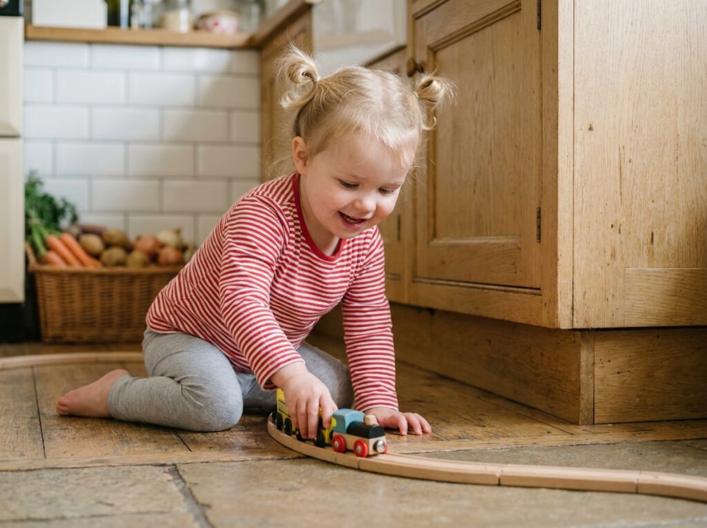 Fillette de 2 ans jouant avec un train en bois peint sur le sol d'une cuisine familiale authentique