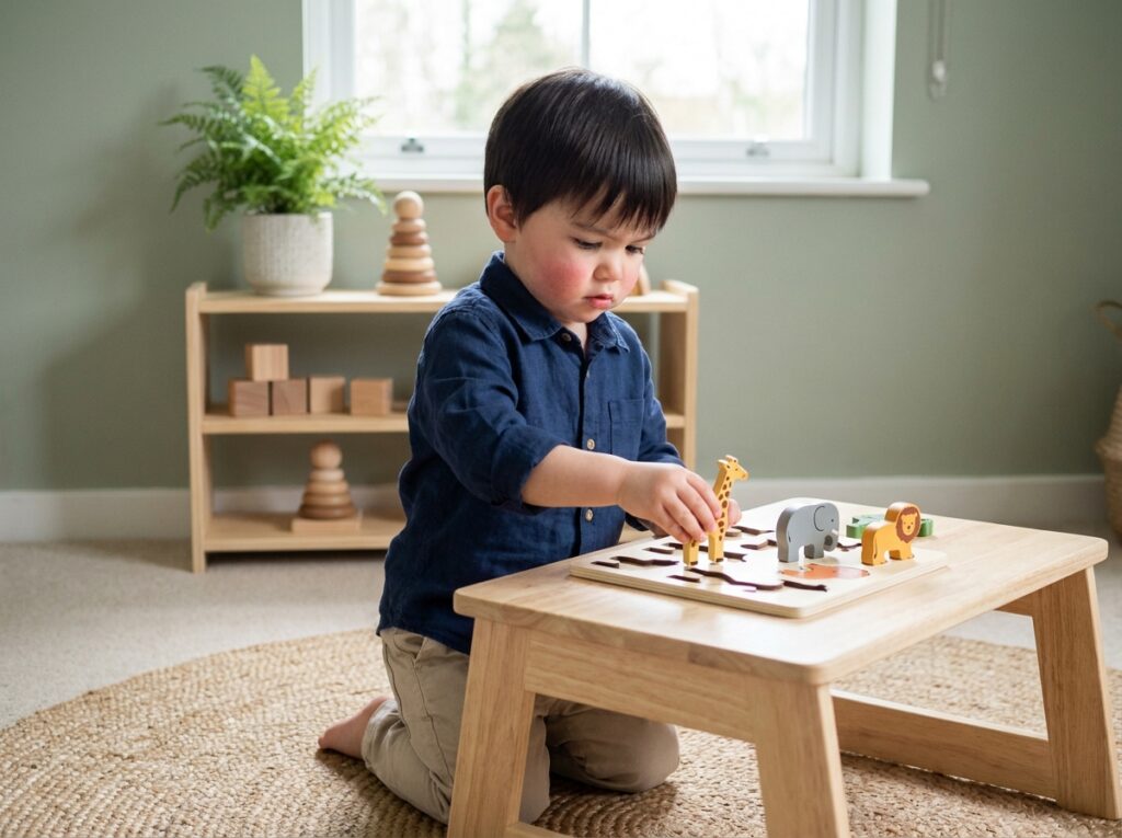 Garçon de 2 ans jouant avec un puzzle en bois de tri de formes animaux sur une table basse dans une chambre d'enfant verte