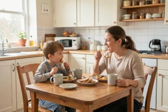 Mère et enfant prenant le petit-déjeuner dans une cuisine lumineuse