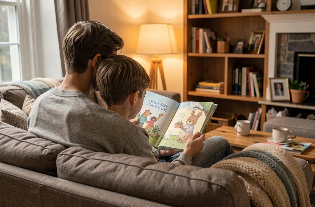 Parent et enfant lisant un album illustré sur un canapé